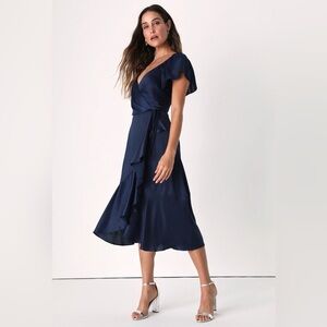 Lulus Serene Sight Navy Blue Midi Wrap Dress